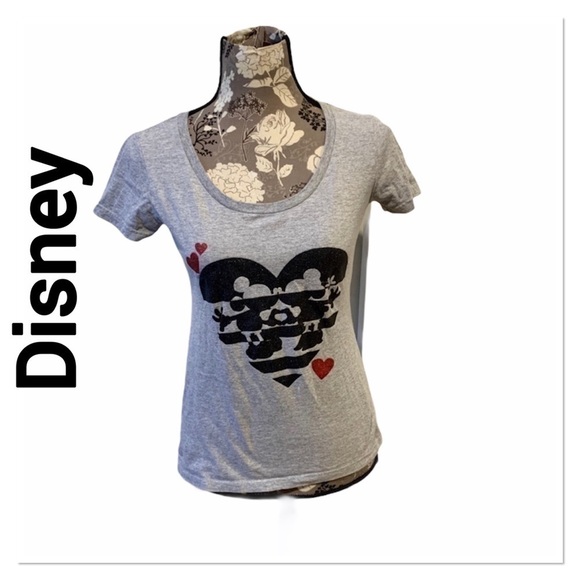 DISNEY Gray Mickey & Minnie Kiss Short Sleeve Tee XS - Picture 1 of 5